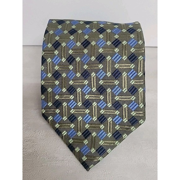 Renzo Men's 100% Silk Handmade Necktie Geometric Blue Navy Green EUC - Picture 2 of 8